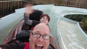Neil and Evan Dandy on the flume log ride