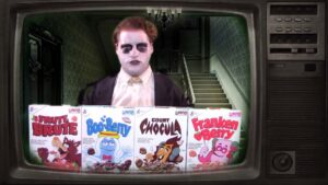 count drahoon with monster cereals inside of haunted house