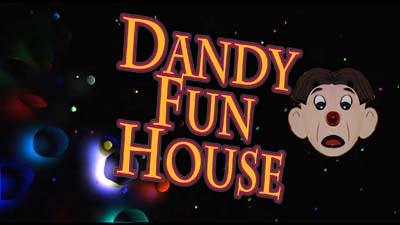 dandy fun house logo in space with operation character face
