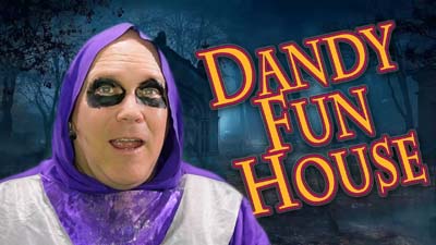 neil dandy dressed as a ghoul with the dandy fun house logo