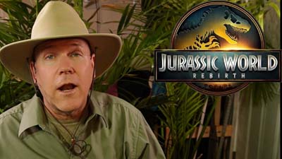 neil dandy wearing jungle explorer outfit in front of foliage next to jurassic world rebirth logo