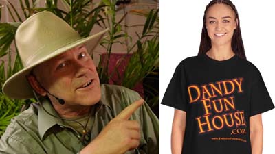 neil dandy pointing to model wearing dandy fun house t shirt