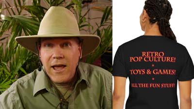 neil dandy next to model showing back of dandy fun house t shirt