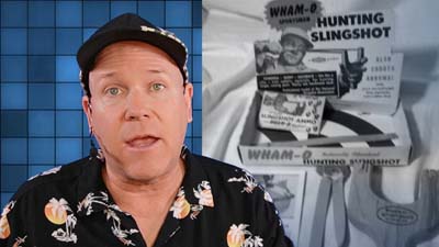 neil dandy with image of an open box of the first wham-o product, a slingshot