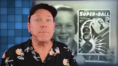 neil dandy with a vintage image of a kid holding a wham-o super ball package