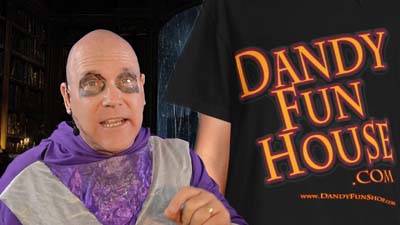 necro neil dandy next to a closeup image of a dandy fun house t-shirt
