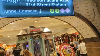 picture of the entrance to the spirit store opry mills nashville tennessee decorated as a haunted subway