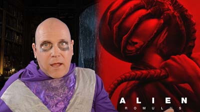 necro neil dandy next to promotional image for the movie alien romulus