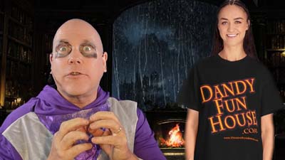 necro neil dandy next to model wearing a dandy fun house t-shirt