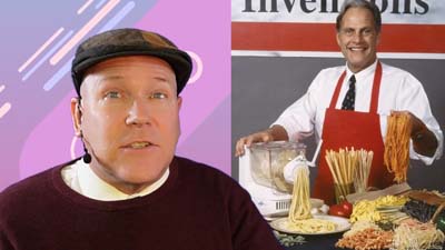 neil dandy with a picture of ron popeil demonstrating the ronco pasta maker