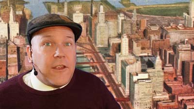 neil dandy with a graphical rendering of 1930s chicago