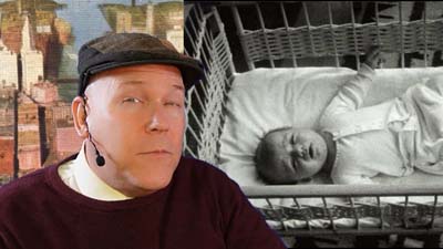 neil dandy with a black and white picture of a baby in an early 1900's crib