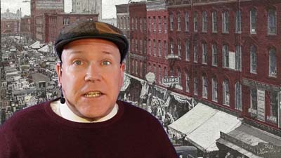 neil dandy with an artist rendering of the early 1950s street markets of chicago