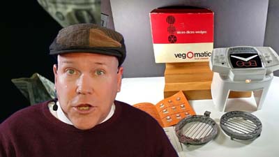 neil dandy with a picture of an early version of the popeil veg-o-matic