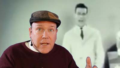 neil dandy with a picture of ron popeil demonstrating the chop-o-matic on television in the mid 1960s