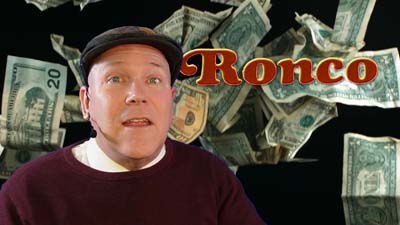 neil dandy with a picture of falling cash with the ronco logo