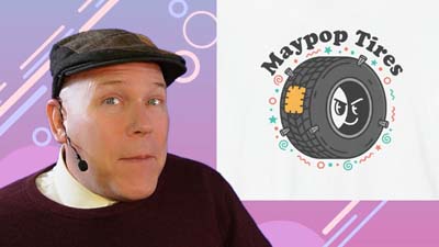 neil dandy with a cartoon graphic of a very beat up tire with the words maypop tires