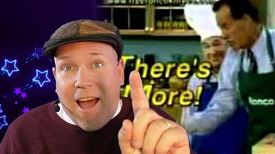 neil dandy with a picture of ron popeil in an apron with text that says there's more