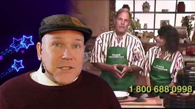 neil dandy with a picture of ron popeil and an unidentified woman on an infomercial