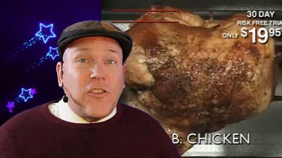 neil dandy with a picture of a rotisserie chicken cooking in the ronco rotisserie oven