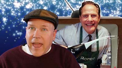 neil dandy with a picture of ron popeil popping out of a television set holding a pocket fisherman