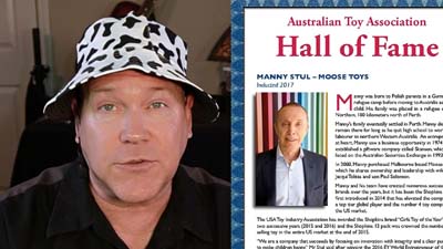 neil dandy with picture of manny stul's certificate for induction into the australian toy foundation's hall of fame