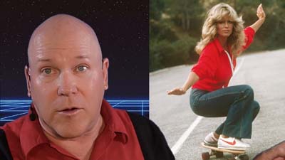 neil dandy with picture of farrah fawcett on skateboard