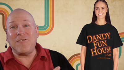 neil dandy with model wearing dandy fun house t-shirt and retro 70s background
