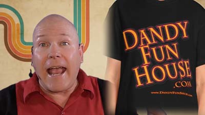neil dandy with model wearing dandy fun house t-shirt and retro 70s background