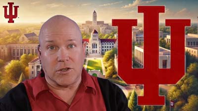 neil dandy with graphic rendering of the indiana university campus and logo