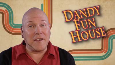 neil dandy with dandy fun house logo and retro 70s background
